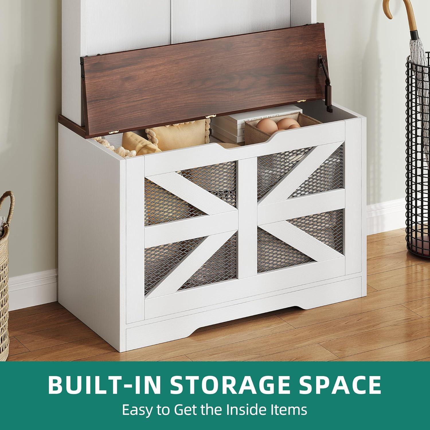 imageYITAHOME Hall Tree with Bench and Storage Modern Entryway Hall Tree wBarn Door 5 Coat Hooks 3Tier Side Cabinet Bench with Shoe Cabinet for Entryway Foyer Mudroom Living Room Walnut ampamp OffWhiteWalnut  Offwhite