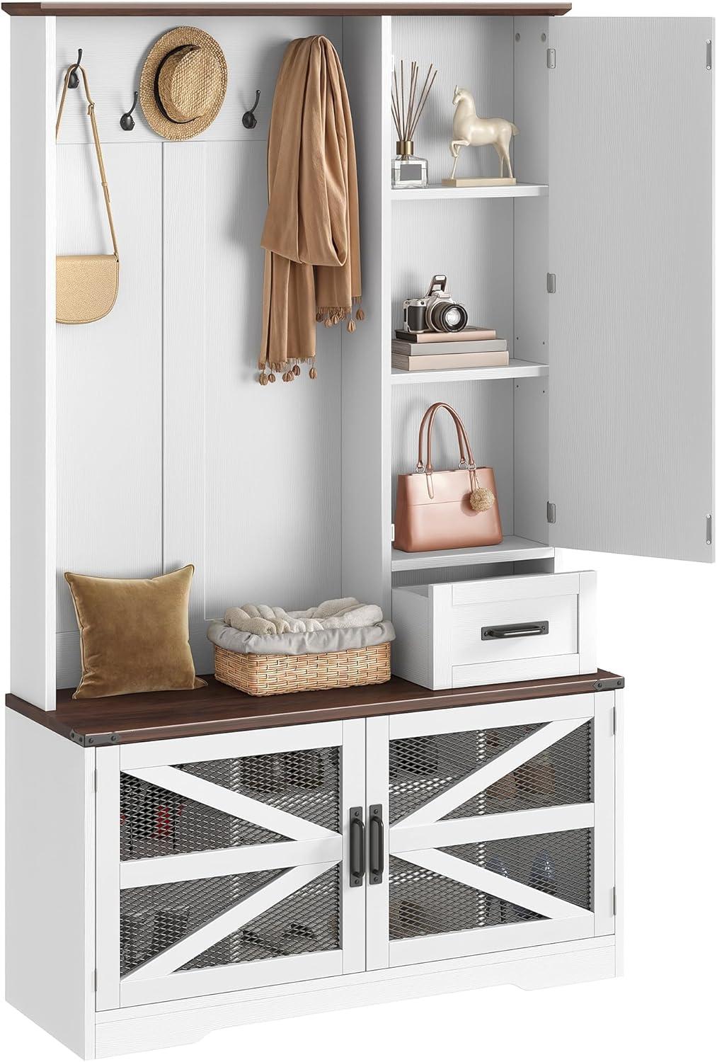 imageYITAHOME Hall Tree with Bench and Storage Modern Entryway Hall Tree wBarn Door 5 Coat Hooks 3Tier Side Cabinet Bench with Shoe Cabinet for Entryway Foyer Mudroom Living Room Walnut ampamp OffWhiteWalnut  Offwhite