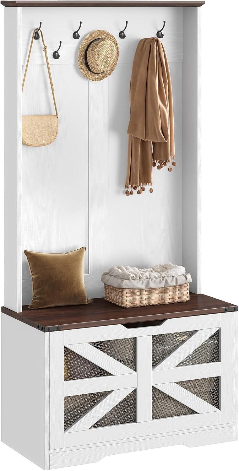 imageYITAHOME Hall Tree with Bench and Storage Modern Entryway Hall Tree wBarn Door 5 Coat Hooks 3Tier Side Cabinet Bench with Shoe Cabinet for Entryway Foyer Mudroom Living Room Walnut ampamp OffWhiteWalnut  Offwhite
