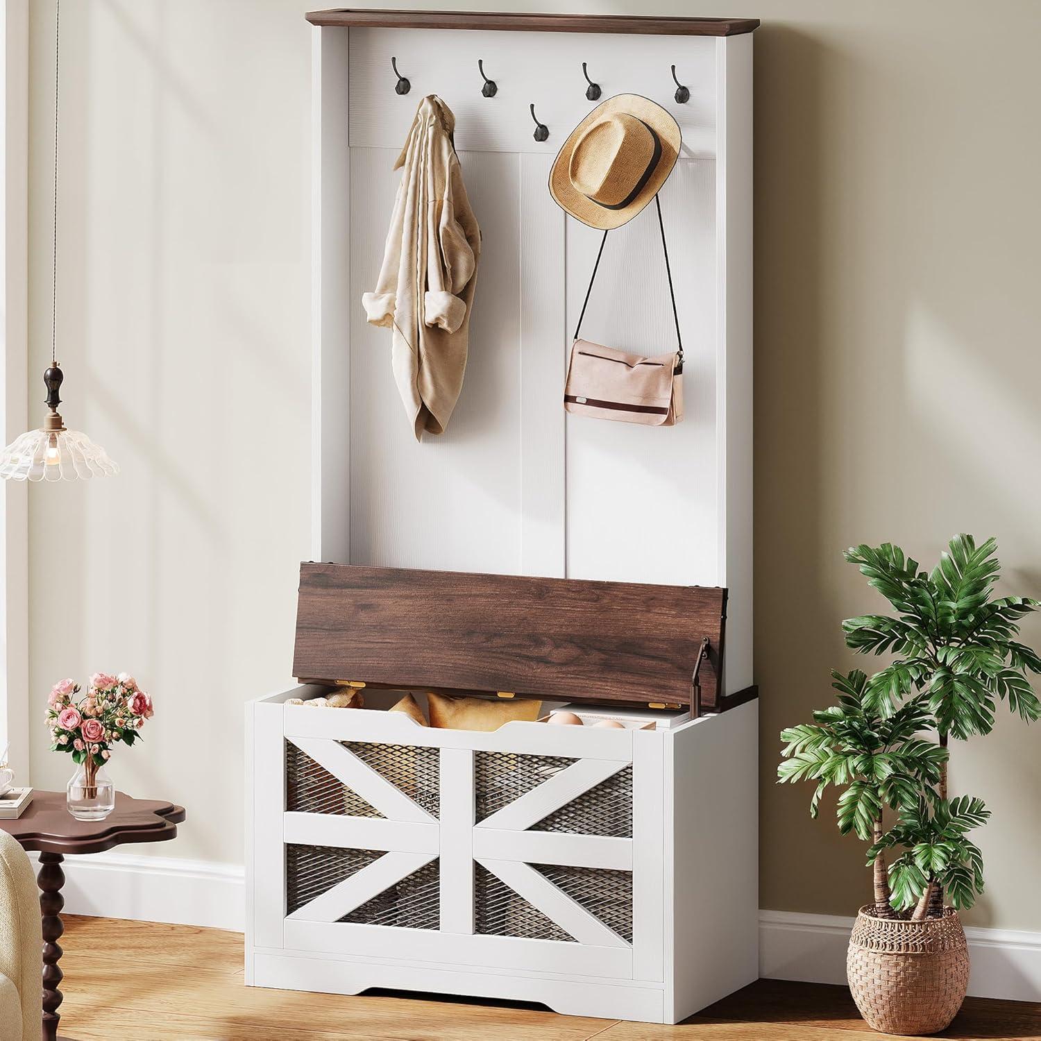 imageYITAHOME Hall Tree with Bench and Storage Modern Entryway Hall Tree wBarn Door 5 Coat Hooks 3Tier Side Cabinet Bench with Shoe Cabinet for Entryway Foyer Mudroom Living Room Walnut ampamp OffWhiteWalnut  Offwhite