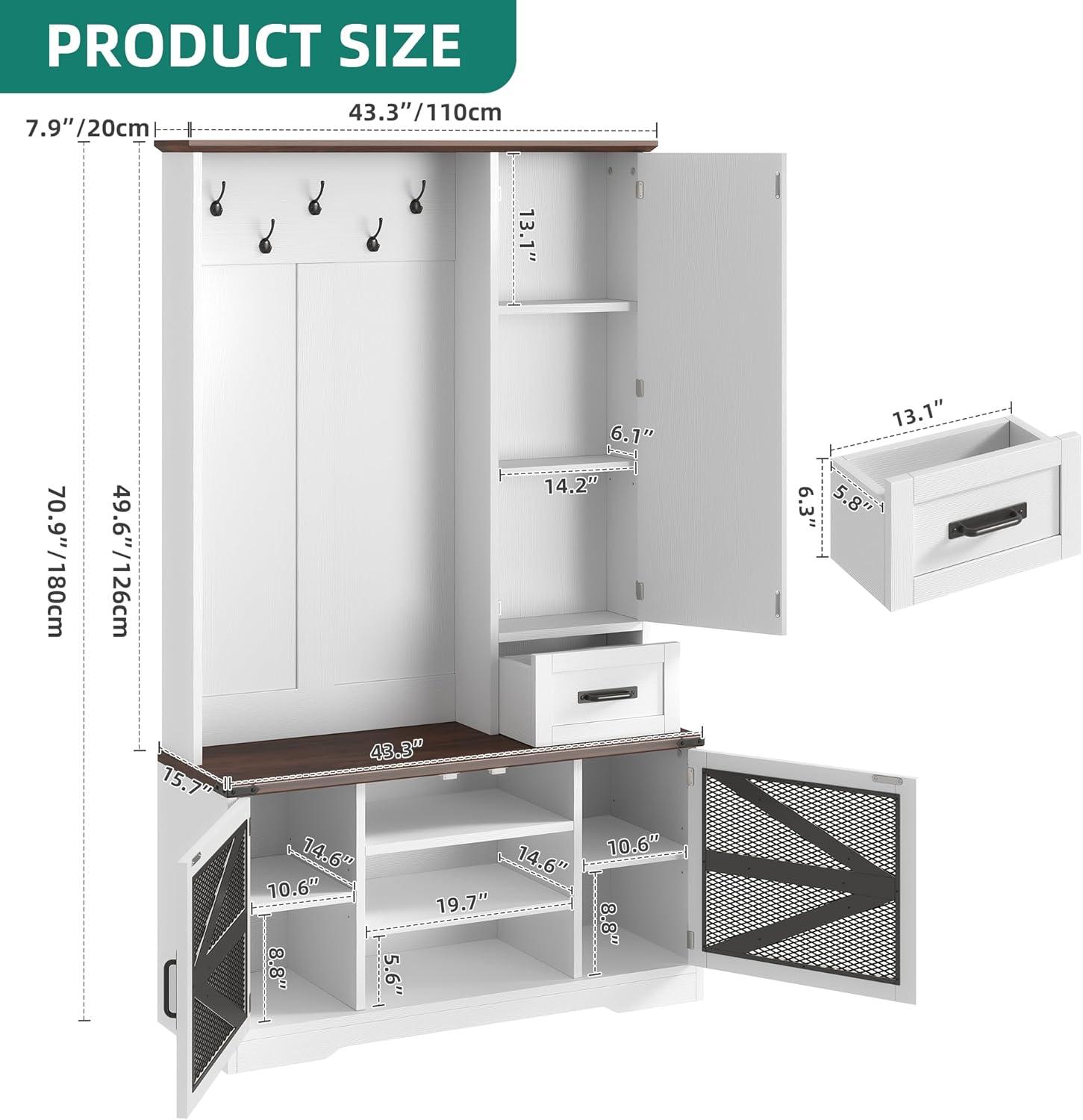 imageYITAHOME Hall Tree with Bench and Storage Modern Entryway Hall Tree wBarn Door 5 Coat Hooks 3Tier Side Cabinet Bench with Shoe Cabinet for Entryway Foyer Mudroom Living Room Walnut ampamp OffWhiteWalnut  Offwhite