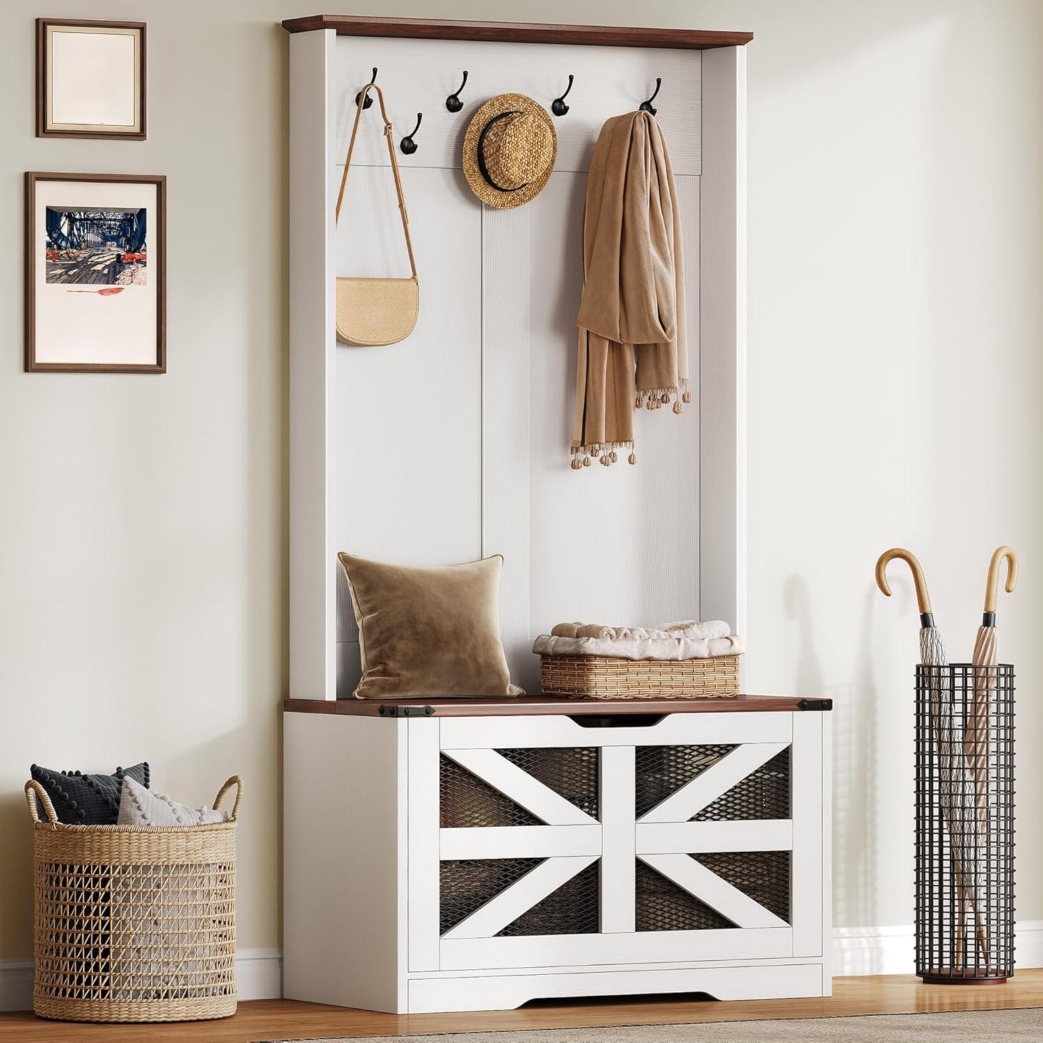 imageYITAHOME Hall Tree with Bench and Storage Modern Entryway Hall Tree wBarn Door 5 Coat Hooks 3Tier Side Cabinet Bench with Shoe Cabinet for Entryway Foyer Mudroom Living Room Walnut ampamp OffWhiteWalnut  Offwhite