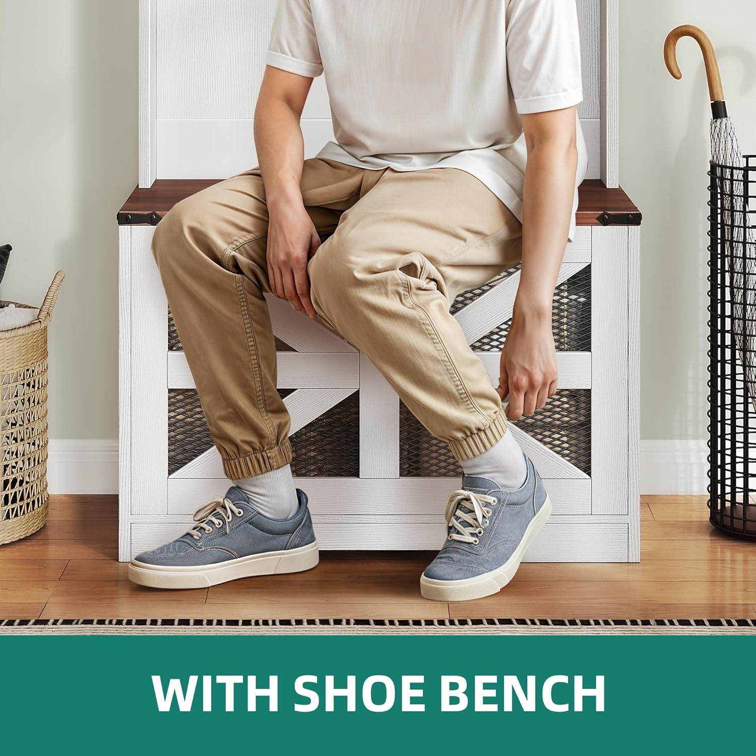 imageYITAHOME Hall Tree with Bench and Storage Modern Entryway Hall Tree wBarn Door 5 Coat Hooks 3Tier Side Cabinet Bench with Shoe Cabinet for Entryway Foyer Mudroom Living Room Walnut ampamp OffWhiteWalnut  Offwhite