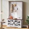 imageYITAHOME Hall Tree with Bench and Storage Modern Entryway Hall Tree wBarn Door 5 Coat Hooks 3Tier Side Cabinet Bench with Shoe Cabinet for Entryway Foyer Mudroom Living Room Walnut ampamp OffWhiteWalnut  Offwhite