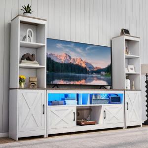 imageYITAHOME Farmhouse TV Stand for 65inch TV Entertainment Center with Storage Adjustable LED Lights ampamp Power Hub TV Cabinet with Bookshelves for Living RoomApartment Washed GreyGrey