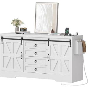 imageYITAHOME 60quot Large Buffet Sideboard Buffet Cabinet with 2 Barn Doors and 4 Drawers High Buffet Table Coffee Bar Storage Cabinet Wine Bar for Dining Room Living Room 32quot in Height White