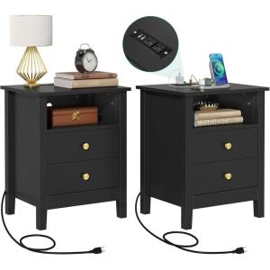imageYITAHOME Nightstand with Charging Station Night Stands with 2 Drawers for Bedroom Modern Bedside Table End Side Table with USB Ports and Outlets Set of 2 BlackBlack