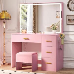 imageYITAHOME Vanity Desk Set Makeup Table with Large 35quot LED Mirror and Lights Dressing Table with 4 Drawers ampamp Stool Adjustable LED Lighting Pink