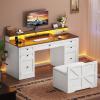 imageYITAHOME Computer Desk Stool Set with 5 Drawers Office Desk with Power Outlets ampamp LED Lights Farmhouse Wood Desk Home Office Desks with Storage Cabinet ampamp Monitor Stand for Work Study Antique White