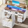 imageYITAHOME Computer Desk Stool Set with 5 Drawers Office Desk with Power Outlets ampamp LED Lights Farmhouse Wood Desk Home Office Desks with Storage Cabinet ampamp Monitor Stand for Work Study Antique White