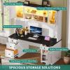 imageYITAHOME Executive Desk with Hutch and Drawers Farmhouse Computer Desk with Power Outlet ampamp LED Lights Home Office Desks with Storage Shelves Storage Cabinet with Glass Door White ampamp Blackwith Drawers  Cabinet  Hutch