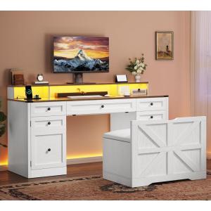 imageYITAHOME Computer Desk Stool Set with 5 Drawers Office Desk with Power Outlets ampamp LED Lights Farmhouse Wood Desk Home Office Desks with Storage Cabinet ampamp Monitor Stand for Work Study Antique White