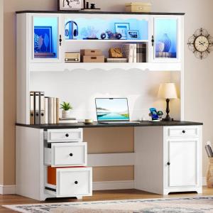 imageYITAHOME Executive Desk with Hutch and Drawers Farmhouse Computer Desk with Power Outlet ampamp LED Lights Home Office Desks with Storage Shelves Storage Cabinet with Glass Door White ampamp Blackwith Drawers  Cabinet  Hutch