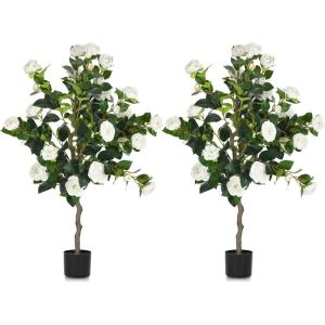 imageYITAHOME 492quot Artificial Camellia Tree 2 Pack Flower Plants Artificial Tree Faux Floral Plant Blooming Tree in Cement Pot Greenery Potted Plant for Indoor Outdoor Office Home Porch Decor White