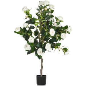 imageYITAHOME 492quot Artificial Camellia Tree Flower Plants Artificial Tree Faux Floral Plant Blooming Tree in Cement Pot Greenery Potted Plant for Indoor Outdoor Office Home Porch Decor White