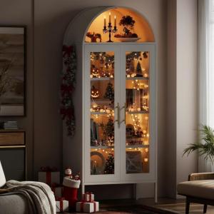 imageYITAHOME 71quot Arched Glass Display Cabinet Tall Metal Storage Cabinet with Adjustable Shelves and Glass Doors WhiteWhite