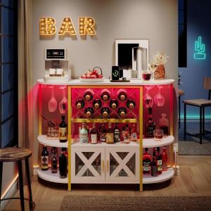 imageYITAHOME Bar Cabinet with LED Lights Home Bar with Power Outlets Liquor Cabinet Bar Table with 4 Tier Storage Shelves 2 Doors Wine Racks and Glass Holders White ampamp GoldWhite  Gold