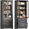 imageYITAHOME 76 Kitchen Pantry Cabinet with 2 Drawers Tall Storage Cabinet with Glass Doors ampamp Adjustable Shelves Freestanding Display Curio Cabinet for Collectibles Living Room OffWhiteDark Rustic Oak