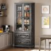 imageYITAHOME 76 Kitchen Pantry Cabinet with 2 Drawers Tall Storage Cabinet with Glass Doors ampamp Adjustable Shelves Freestanding Display Curio Cabinet for Collectibles Living Room OffWhiteDark Rustic Oak