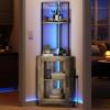 imageYITAHOME Corner Wine Cabinet with Power Outlets ampamp LED Lights Corner Bar Cabinet with Glass Holder Liquor Bar Rack Cabinet for Living Room Dining Room Kitchen Gray Oak
