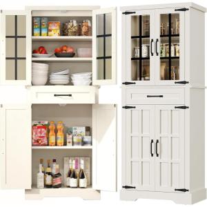 imageYITAHOME 76 Kitchen Pantry Cabinet with 2 Drawers Tall Storage Cabinet with Glass Doors ampamp Adjustable Shelves Freestanding Display Curio Cabinet for Collectibles Living Room OffWhiteWhite Oak
