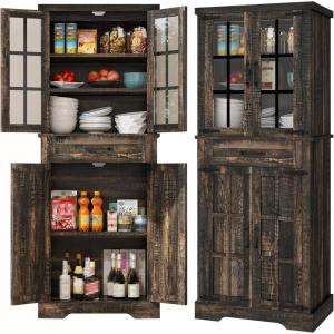 imageYITAHOME 76 Kitchen Pantry Cabinet with 2 Drawers Tall Storage Cabinet with Glass Doors ampamp Adjustable Shelves Freestanding Display Curio Cabinet for Collectibles Living Room OffWhiteDark Rustic Oak