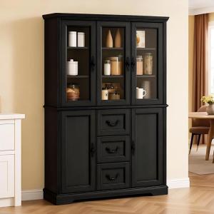 imageYITAHOME 76 Kitchen Pantry Cabinet with 2 Drawers Tall Storage Cabinet with Glass Doors ampamp Adjustable Shelves Freestanding Display Curio Cabinet for Collectibles Living Room OffWhiteBlack