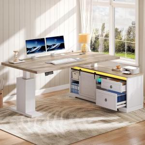 imageYITAHOME L Shaped Standing Desk with Power Outlets ampamp LED Lights 63quot Farmhouse Electric Standing Desk Adjustable Height Sit Stand Corner Stand Desks with Drawers ampamp Sliding Door Grey WashGrey Wash