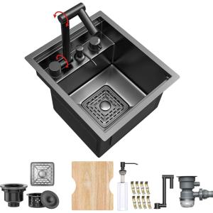 imageYITAHOME RV Kitchen Black Sink 15 x 18 x 9 Inch Undermount Gunmetal Black Stainless Steel Single Bowl Small Sink with Swivel Spout Faucet Cutting Board Cup Washer13 x 15 x 9 with Soap Dispenser
