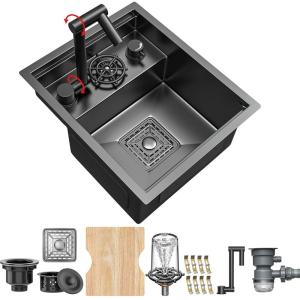 imageYITAHOME RV Kitchen Black Sink 15 x 18 x 9 Inch Undermount Gunmetal Black Stainless Steel Single Bowl Small Sink with Swivel Spout Faucet Cutting Board Cup Washer15 x 18 x 9 with Glass Rinser
