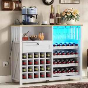 imageYITAHOME Wine Bar Cabinet with Led Light Power Outlet Home Coffee Cabinet with Wine and Glass Rack Kitchen Buffet Sideboard with Storage Shelves Freestanding Liquor Cabinet for Dining Room BrownWhite