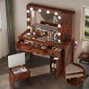 imageYITAHOME Farmhouse Vanity Desk with Mirror Retro Makeup Table Set with Charging Station 10 Dimmable Lights 2 Drawers ampamp 2 Cabinets Rustic BrownRustic Brown
