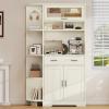 imageYITAHOME Kitchen Pantry Storage Cabinet 67quot Tall Kitchen Hutch with Outlet ampamp Door ampamp Shelves ampamp Drawer Farmhouse Wooden Microwave Stand Buffet Coffee Bar for Home Living Dining Room OffWhiteOffwhite