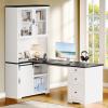 imageYITAHOME L Shaped Executive Desk with Hutch and Drawers Farmhouse Home Office Desk with Power Outlet Wood Corner Computer Desk with Sliding Door Storage Cabinet with Glass Door White ampamp BlackWhite  Black