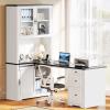 imageYITAHOME L Shaped Executive Desk with Hutch and Drawers Farmhouse Home Office Desk with Power Outlet Wood Corner Computer Desk with Sliding Door Storage Cabinet with Glass Door White ampamp BlackWhite  Black