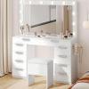 imageYITAHOME 46quot Makeup Vanity with LED Lighted Mirror Glass Top Vanity Desk with 10 Drawers Power Outlets ampamp USB Ports PU StoolWhite
