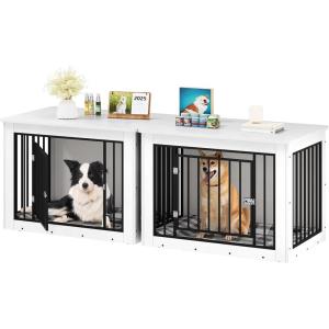 imageYITAHOME 272quot L Dog Crate Furniture for Medium Dogs 2in1 IronWood Fusion Dog cage Indoor up to 30 lb Side End Table Modern Dogs Kennel with Waterproof Top Safety CornersSteel LockRusticWhite2 Room