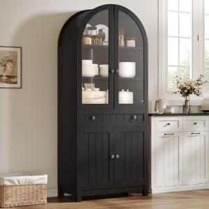 imageYITAHOME 2Pack Arched Cabinet Set 71quot Tall Kitchen Pantry Storage Cabinet with Glass Door Adjustable Shelves and Drawer Farmhouse Wood Versatile Cupboard for Home Living Dining Room BlackRustic Black