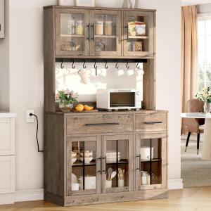 imageYITAHOME 2Pack Kitchen Pantry Storage Cabinet Set 71 Kitchen Hutch with Outlet ampamp Glass Door ampamp Drawer ampamp Shelves ampamp Hook Freestanding Microwave Stand Coffee Bar for Home Dining Living Room BlackRustic Lvory Grey