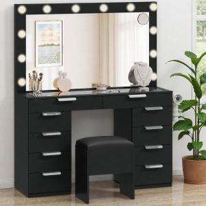imageYITAHOME 46quot Makeup Vanity with LED Lighted Mirror Glass Top Vanity Desk with 10 Drawers Power Outlets ampamp USB Ports PU StoolBlack