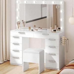 imageYITAHOME 46quot Makeup Vanity with LED Lighted Mirror Glass Top Vanity Desk with 10 Drawers Power Outlets ampamp USB Ports PU StoolWhite