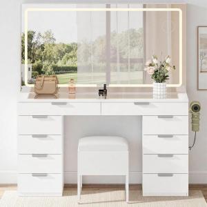 imageYITAHOME 46quot Vanity Desk with Mirror and Lights Makeup Vanity Table with Mirror Power Hub Adjustable Lights ampamp Storage Sturdy Build Dressing Table Magnifying Mirror Builtin Hair Dryer RackCool White