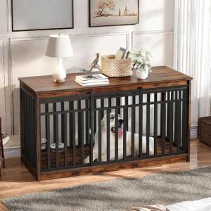 imageYITAHOME 55 Inch Large Dog Crate Furniture Heavy Duty Wooden Dog Crate TV Stand with 2 Dog Bowls Metal Dog Kennel Indoor Furniture Sliding Barn Door Design for Extra Large Dogs Black OakRustic Brown