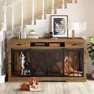 imageYITAHOME 63 Inch Double Dog Crate TV Stand with Charging Station Heavy Duty Wooden Dog Crate Furniture for 2 Dogs Dog Kennel Indoor Furniture Double Sliding Barn Door Design Ideal for 2 Dogs WhiteBrown