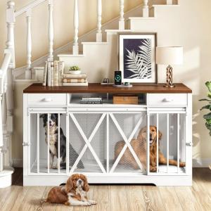 imageYITAHOME 63 Inch Double Dog Crate TV Stand with Charging Station Heavy Duty Wooden Dog Crate Furniture for 2 Dogs Dog Kennel Indoor Furniture Double Sliding Barn Door Design Ideal for 2 Dogs WhiteWhite  Walnut