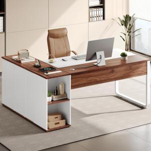 imageYITAHOME 71quot Executive Desk with Power Outlets L Shaped Desk with File Cabinet Executive Desk with Drawers ampamp Storage Shelves Corner Office Desk with Bookshelf for Home Office Walnut ampamp WhiteWhite  Walnut