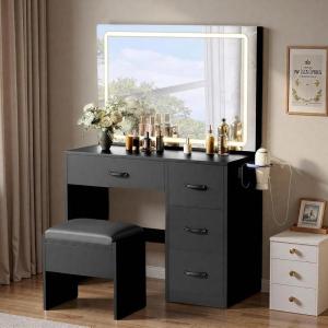 imageYITAHOME Black Vanity Desk with LED Mirror 35 inch Makeup Table with Charging Station 4 Drawers and Stool Adjustable Light Dressing Table for Women