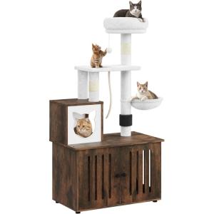 imageYITAHOME Cat Tree with Litter Box Enclosure 2in1 Cat Furniture Modern Cat Condo Indoor Cat Tower with Wood House Perch Food Station Hammocks Scratch Post Hair Brush 59 Inch WhiteRustic Brown