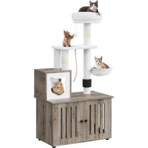 imageYITAHOME Cat Tree with Litter Box Enclosure 2in1 Cat Furniture Modern Cat Condo Indoor Cat Tower with Wood House Perch Food Station Hammocks Scratch Post Hair Brush 59 Inch WhiteGrey