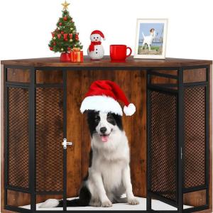 imageYITAHOME Corner Dog Crate Furniture 52quot Wooden Dog Crate with Dog Cushion Dog Kennel Indoor for Small Medium Large Dogs BrownRustic Brown